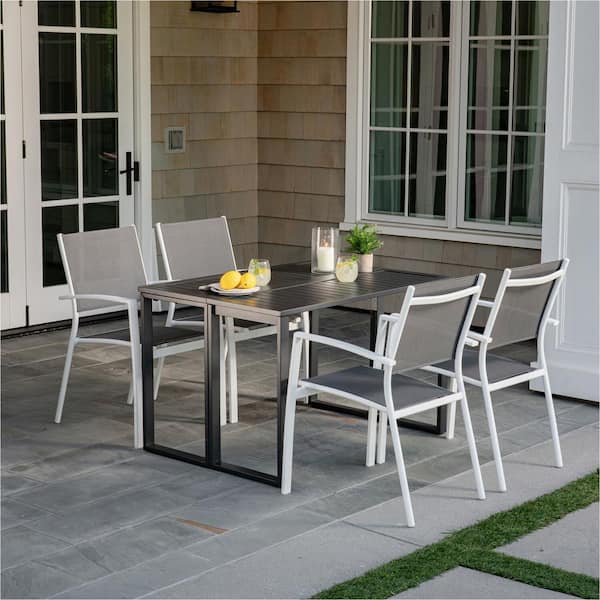 Hanover Conrad White 5-Piece Aluminum Outdoor Dining Set with 4 Stackable Sling Chairs and Convertible Slatted Table