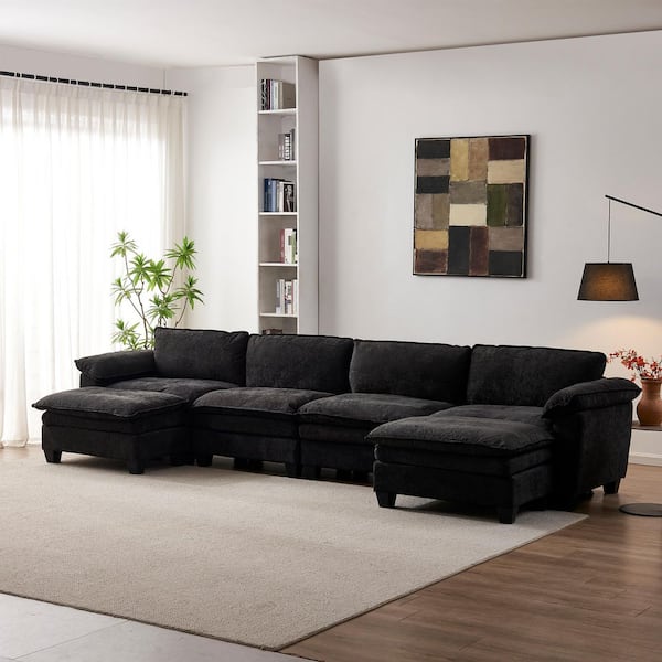 Fayden Modern 157.5 in. Pillow Top Arms Chenille Upholstered Rectangle 4-Seater Sofa Loveseat in Black with Ottomans