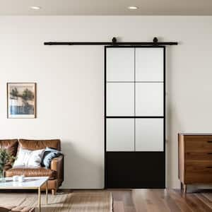 32 in. x 84 in. 3/4-Lite Frosted Glass Black Steel Frame Interior Sliding Barn Door with Hardware Kit and Soft Close