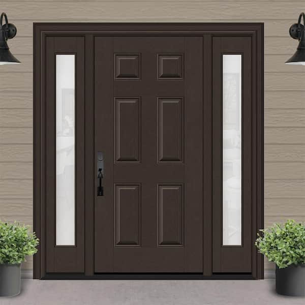 Regency 68 in. x 80 in. 6 Panel RHIS Hickory Stain Mahogany Fiberglass Prehung Front Door Obscure 14 in. SLs 4-9/16