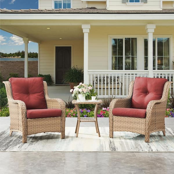 Gymojoy Carolina 3-Piece Yellow Wicker Patio Conversation Set Outdoor Lounge Chair with Red Cushions and Side Table