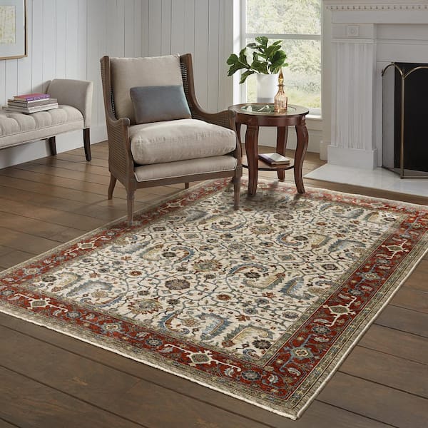 Ambrose Ivory Doormat 3 ft. x 5 ft. Border Oriental Floral Polyester Fringe Edge Indoor Area Rug