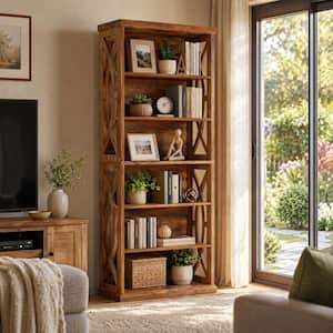 Eulas 71 in. Tall Brown Engineered Wood 6-Shelf Standard Bookcase with Anti-Tipping Devices,Rustic Bookshelves