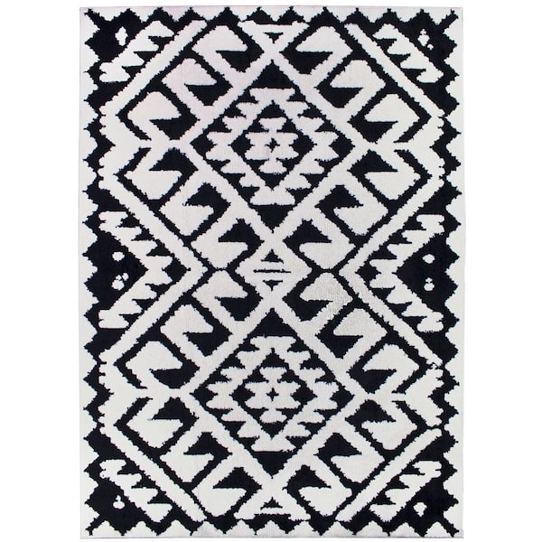 American Art Decor Geometric Aztec Moroccan Black and White 5 ft. x 7 ft. Shag Accent Rug