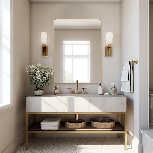 LuxHomez 30 in. W x 40. 2 in. H Rectangular Aluminum Frame Square Gold Wall Mirror