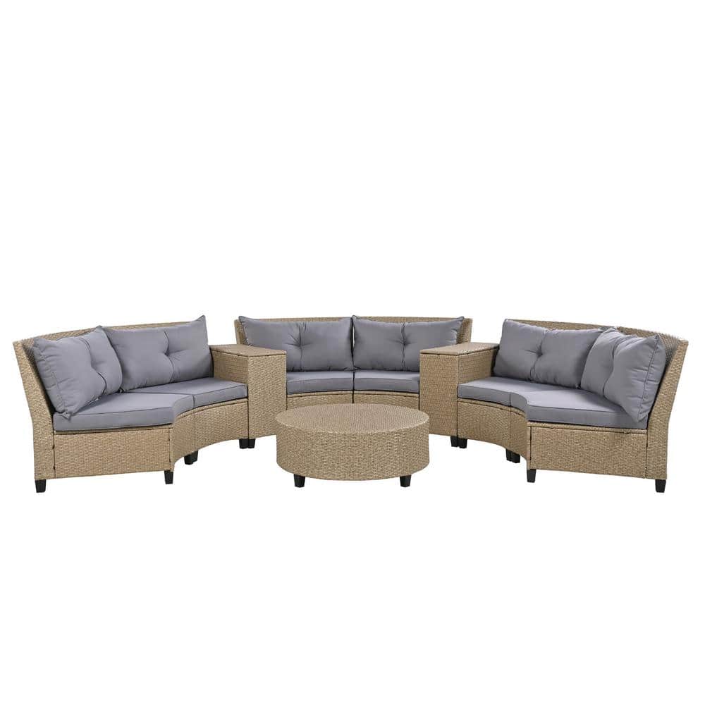 9 Pieces Brown Wicker Patio Conversation Set, 6 - Person Fan-shaped Rattan 