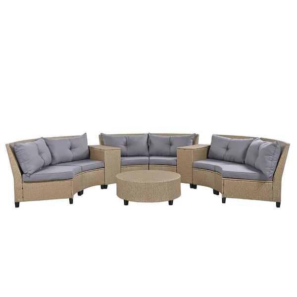 Unbranded 9 Pieces Brown Wicker Patio Conversation Set, 6 - Person Fan-shaped Rattan Suit Combination, with Gray Cushions