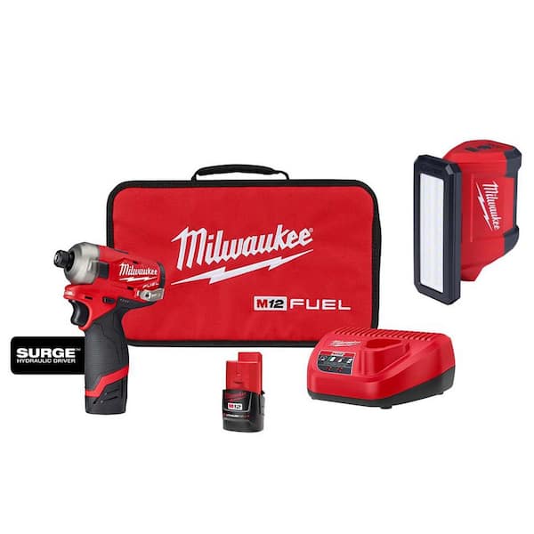 Milwaukee M12 FUEL SURGE 12-Volt Lithium-Ion 1/4 in. Cordless Hex Impact Driver Compact Kit with M12 ROVER Service Light