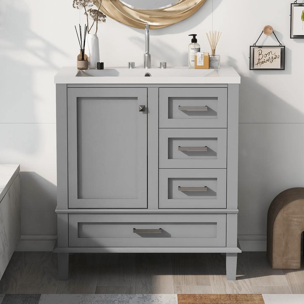 30 in. W x 18 in. D x 34 in. H Freestanding Bath Vanity in Gray with White Resin Top with a Door and 3-Drawers price history on PriceWatchPro