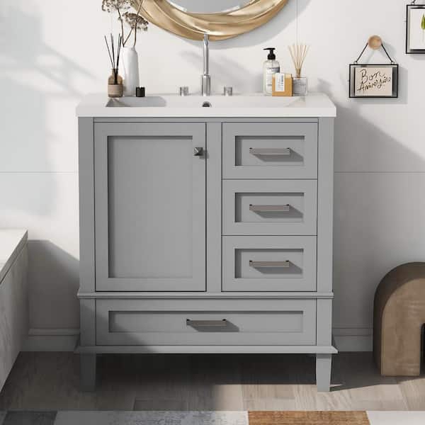 Zeus & Ruta 30 in. W x 18 in. D x 34 in. H Freestanding Bath Vanity in Gray with White Resin Top with a Door and 3-Drawers