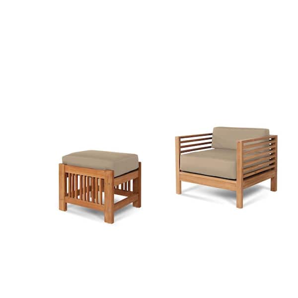 Unbranded Sylvie Teak Outdoor Lounge Chair and Ottoman with Sunbrella Fawn Cushions
