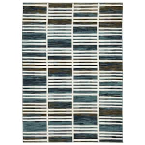 Ross Ivory/Blue Doormat 3 ft. x 5 ft. Geometric Stripe Polypropylene/Polyester Fringed Indoor Area Rug