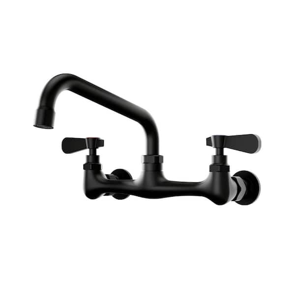 Double Handles Wall Mount Modern Standard Kitchen Faucet with 8 Inch Swivel Spout 8" Center in Matte Black