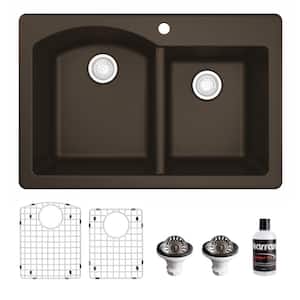 QT-610 Quartz/Granite 33 in. Double Bowl 60/40 Top Mount Drop-In Kitchen Sink in Brown with Bottom Grid and Strainer