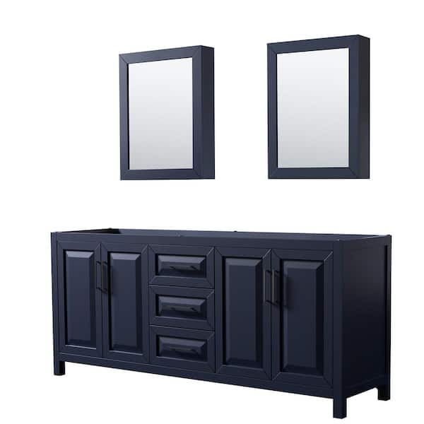 Wyndham Collection Daria 78.75 in. W x 21.5 in. D x 35 in. H Double Bath Vanity Cabinet without Top in Dark Blue with Med Cab Mirrors