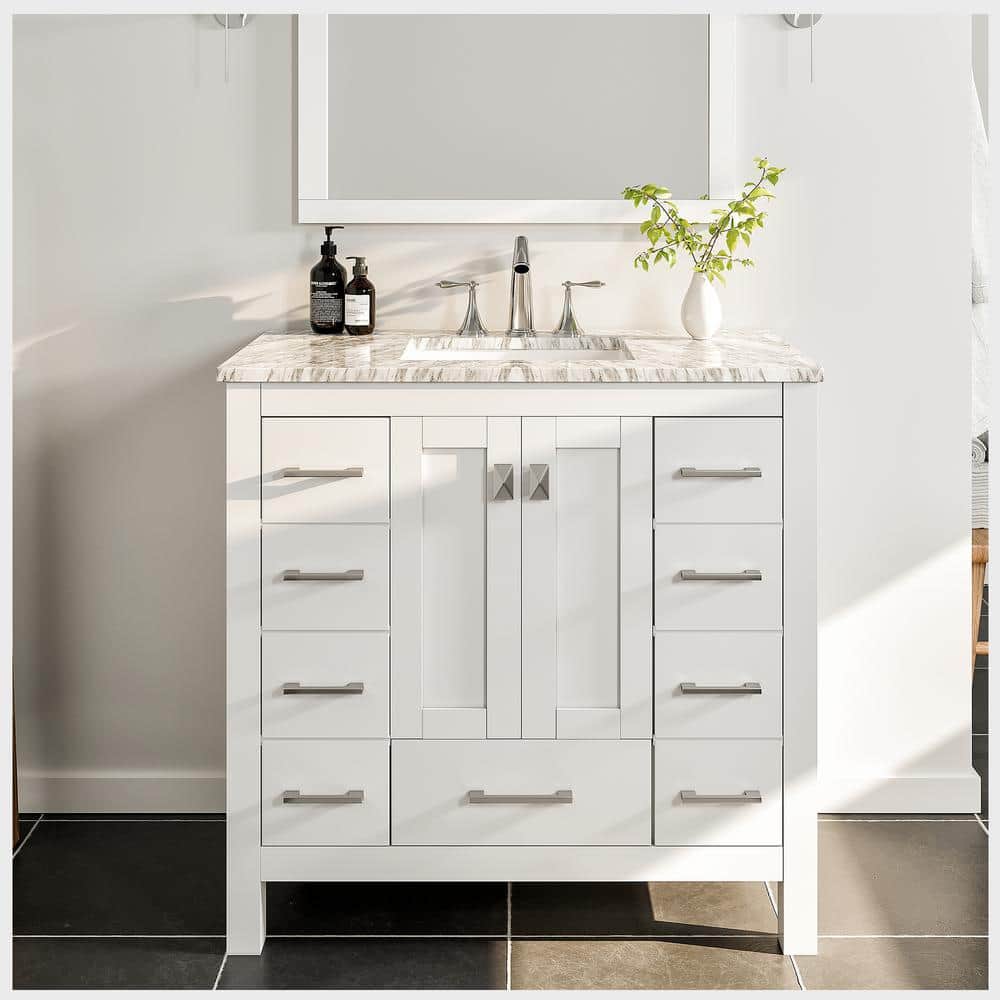 Hampton 36" White Solid Wood Bathroom Vanity with Carrara Marble Top