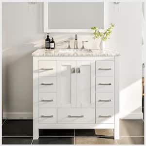 Hampton 36 in. W x 22 in. D x 34 in. H Bathroom Vanity in White with White Carrara Marble Top with White Sink