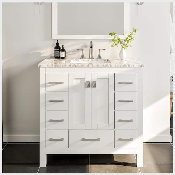 Eviva Hampton 36 in. W x 22 in. D x 34 in. H Bathroom Vanity in White with White Carrara Marble Top with White Sink
