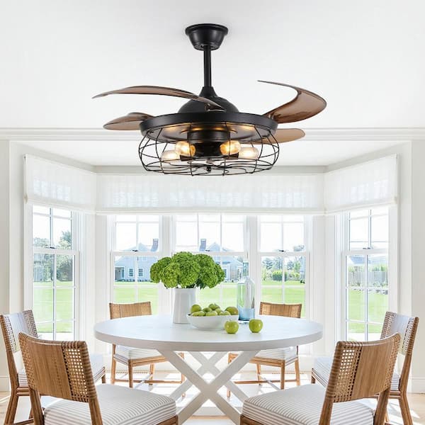 48 in. Indoor Black Industrial Cage Downrod Mount Standard Ceiling Fan with Remote Control