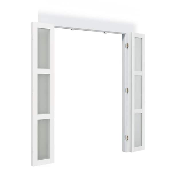 48 in. x 80 in. 3-Lite, Frosted Glass, Solid Core, MDF, PVC Covering Compack 180-Bi-Fold Door with Hardware Kits