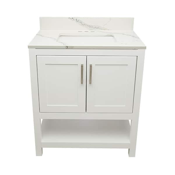 Ella Taos 31 in. W x 22 in. D x 36 in. H Bath Vanity in White with Quartz Stone Calacatta White Top with White Basin
