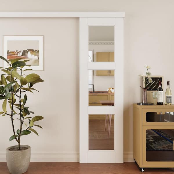 24 in. x 80 in. Hidden Track Style 3-Lite Clear Glass Primed MDF Assembly Required Sliding Barn Door with Hardware Kit