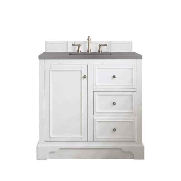 James Martin Vanities De Soto 37.3 in. W x 23.5 in. D x 36.3 in. H Bath Vanity in Bright White with Quartz Top in Grey Expo