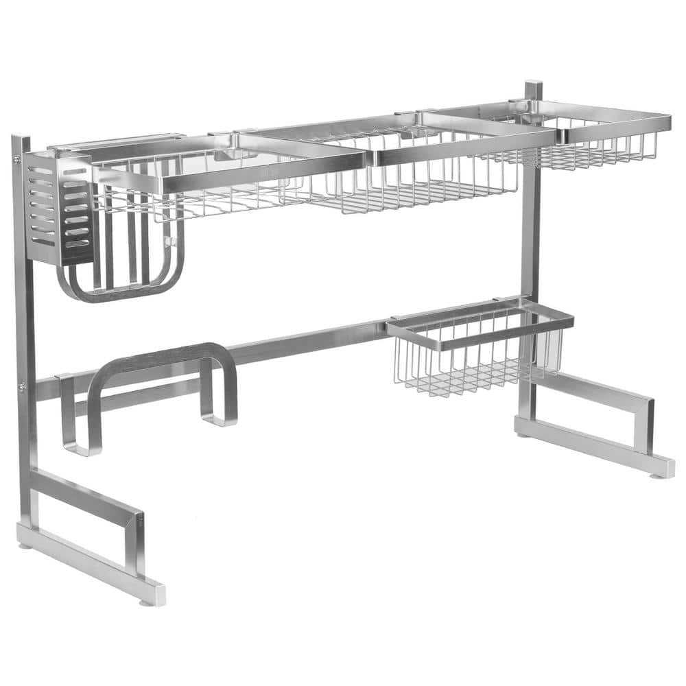 Silver Steel Over-The-Sink Dish Drying Rack with Utensil Cup