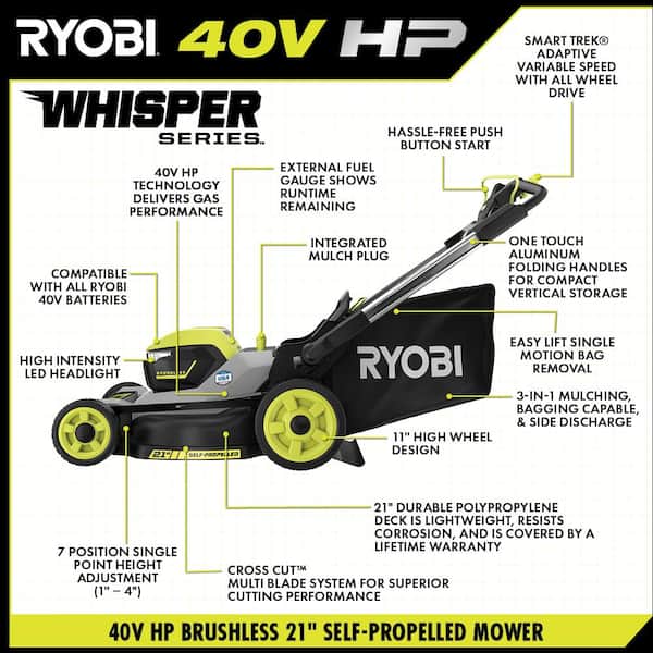 RYOBI - 40V HP Brushless Whisper Series 21" Walk Behind Self-Propelled All Wheel Drive Lawn Mower - Trimmer 3 Batteries Chargers