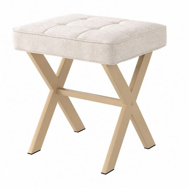 Square Linen Makeup Vanity Stool, Metal X Legs, Small Ottoman Stool Chair for Vanity, Modern Padded Seat Foot Rest