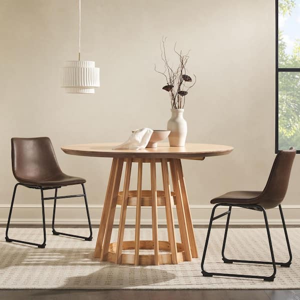 Walker Edison Furniture Company Round Japandi Cerused White Wood 48 in. Pedestal Dining Table, Seats 4
