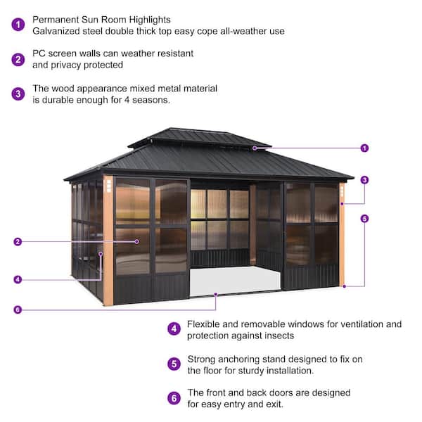 PURPLE LEAF 12ft. x 16ft. Sunroom Hardtop Gazebo Solarium