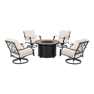 Bowbridge 5-Piece Black Steel Outdoor Patio Fire Pit Seating Set with CushionGuard Almond Tan Cushions