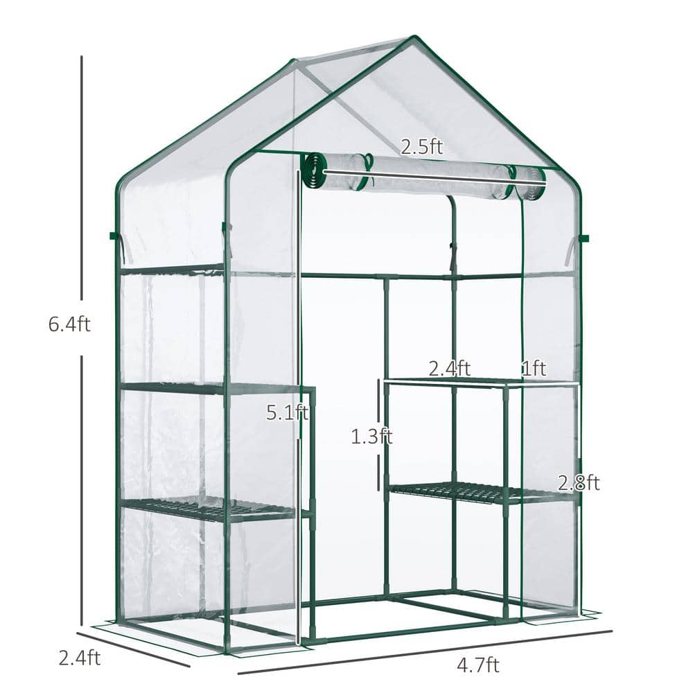 Clear and Green Walk-In Greenhouse with Shelving and Roll-Up Door