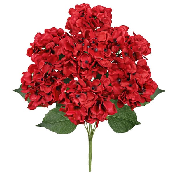 LIVING LUXURY 20 in. Deluxe Red Artificial Hydrangea Flower Stem Bush Bouquet (Set of 2)