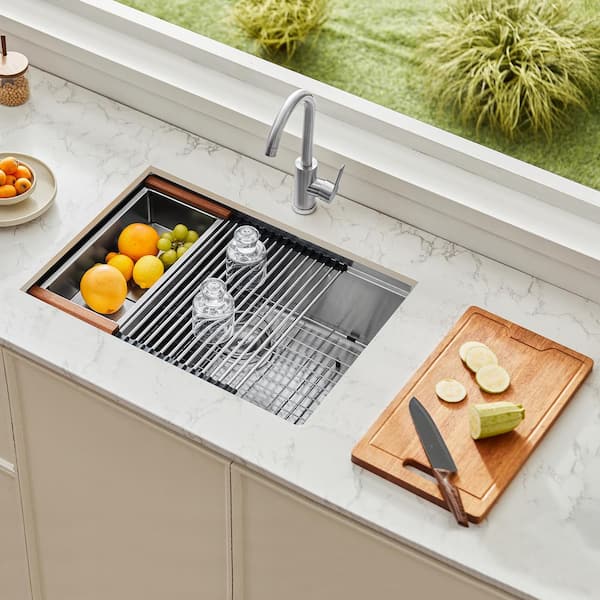 30 in. Kitchen Sink Workstation, 304 Stainless Steel Undermount Sink, Drop-In Single Bowl Farmhouse Basin with Ledge