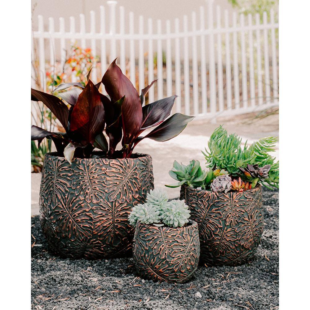 Set of 3 Round Brown and Bronze Fiberstone Outdoor Planters