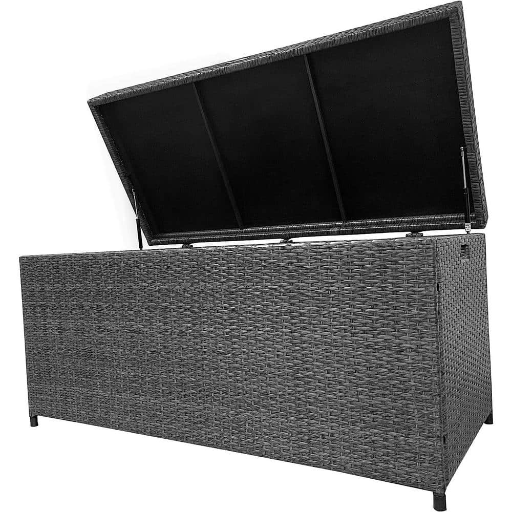Kahomvis 140 Gal. Gray Wicker Outdoor Storage Deck Box with Lid