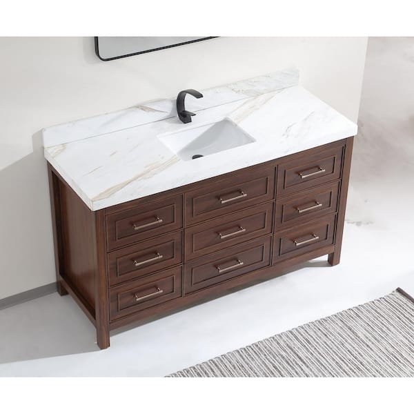Luxury Ebony Series 60 in. 1 Freestanding Dark Brown Finish Bath Vanity with 2 in. White Natural Marble Top Assembled