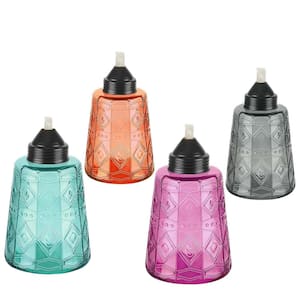 4 Pack Multi-Color Glass Citronella Table Top Torches with Wicks & Cap 12 oz Refillable for Outdoor Yard Garden Decor