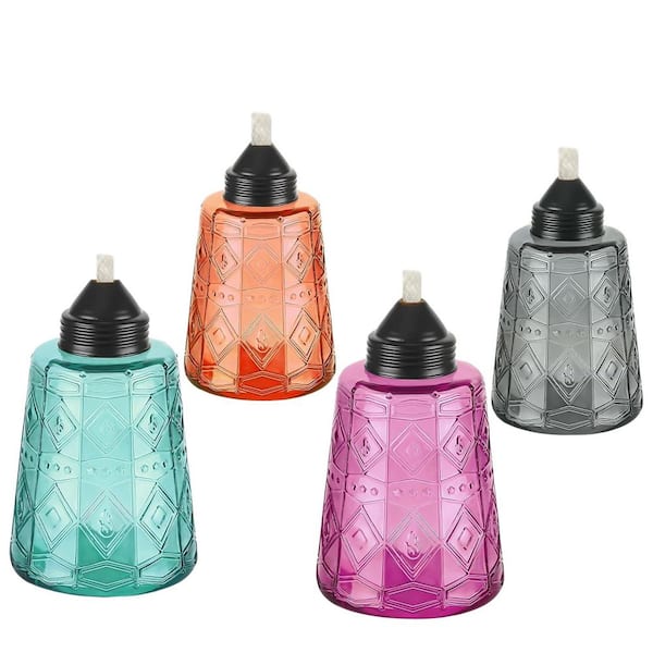 Misopily 4 Pack Multi-Color Glass Citronella Table Top Torches with Wicks & Cap 12 oz Refillable for Outdoor Yard Garden Decor