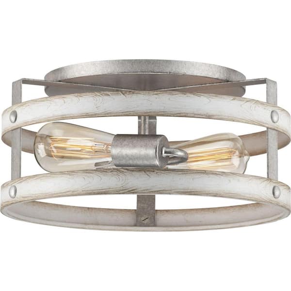 Gulliver 14-3/8 in. 2-Light Galvanized and Whitewashed Coastal Farmhouse Flush Mount Ceiling Light