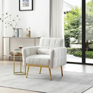 Modern Tufted White Teddy Fabric Accent Chair Leisure Chair Armchair with Metal Trim and Gold Legs and 1 Waist Pillow