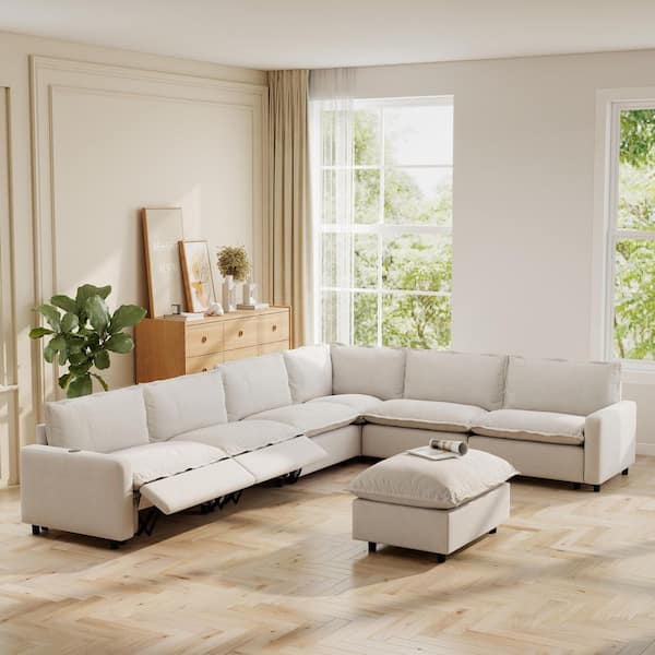 149.6 in. Square Arm 8-Piece Linen Modular Heated Power Reclining Sectional Sofa with USB and Wireless Charging in Beige