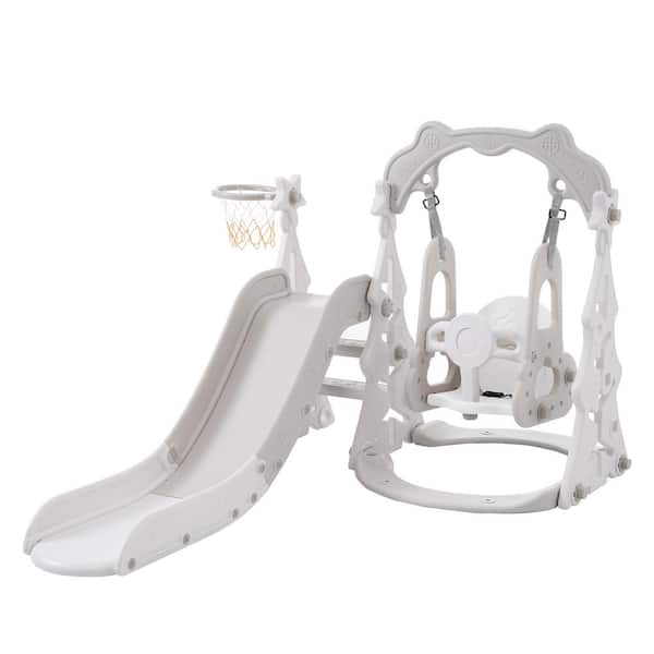 Bon Furni Grey and White HDPE Indoor and Outdoor Playset Small Kid with Swing, Basketball Hoop, Slide