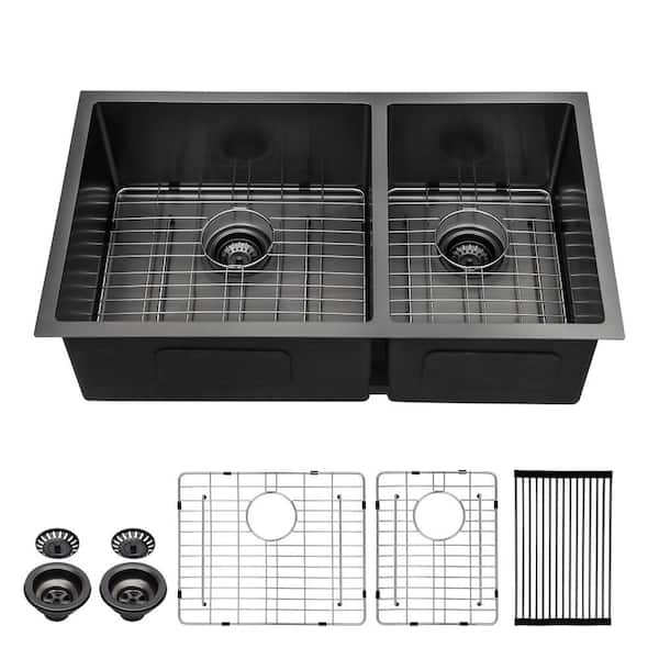 33 in. Undermount Double Bowl 16 -Gauge 60/40 Nano Black Stainless Steel Kitchen Sink 10" Deep Basin with Bottom Grids