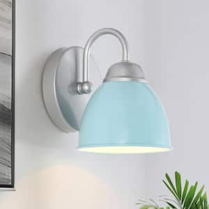 Siri Modern 6.5 in. 1-Light Silver and Blue Vanity Light Powder Room Wall Light Fixture with Blue Bell Shade