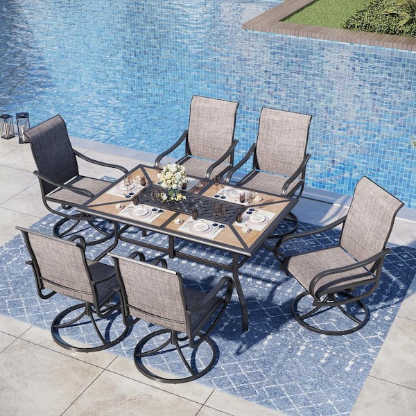 PHI VILLA Black 7-Piece Metal Rectangle Patio Outdoor Dining Set with Geometric Table and Textilene Swivel Chairs
