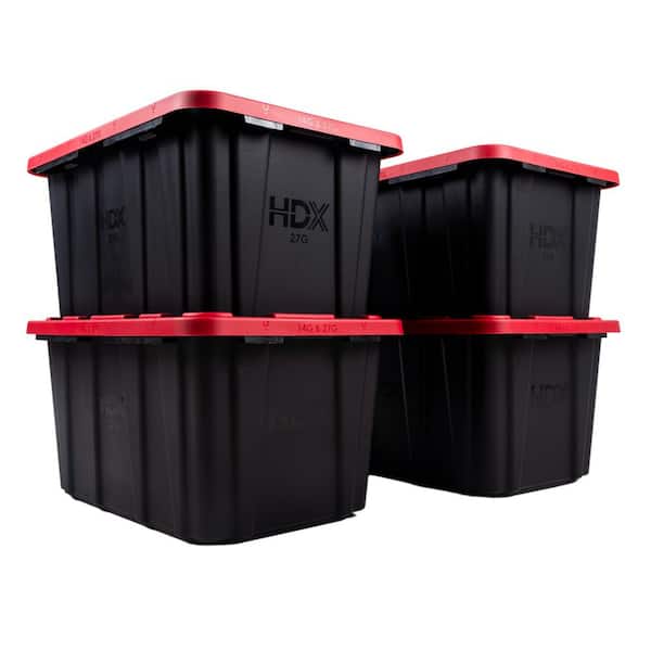 HDX 27 Gal. Tough Storage Tote in Black with Red Lid (4-Pack