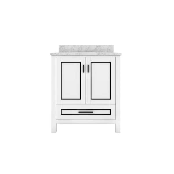 Sinber STYLE2 30 in. W x 22 in. D x 35 in. H Ceramic Sink Freestanding Bath Vanity in White with Carrara White Marble Top